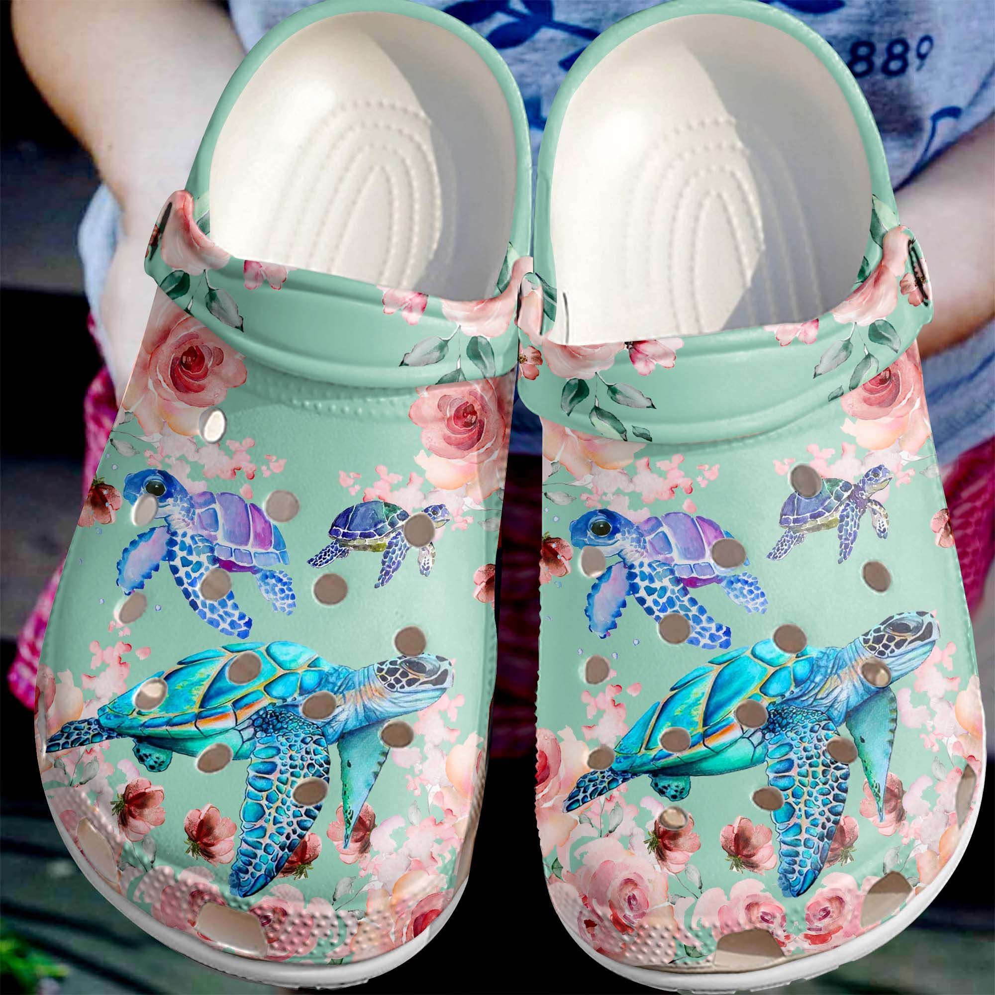 Sea Turtles With Roses Shoes Crocs Clog  Beautiful Ocean Flower Shoes Crocbland Clog For Women Mother Sister Daughter Niece Friend
